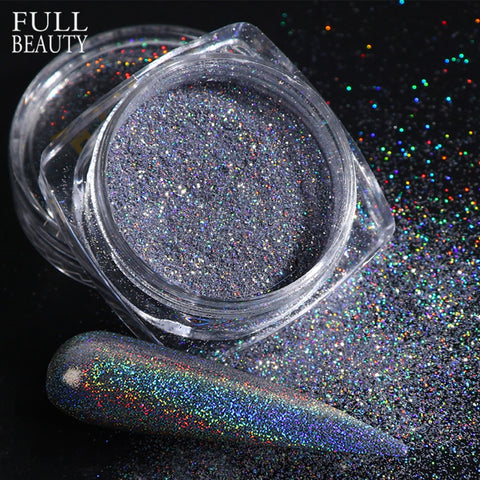 Beyprern 1Box Holographic Powder on Nails Laser Silver Glitter Chrome Nail Powder DIP Shimmer Gel Polish Flakes for Manicure Pigment