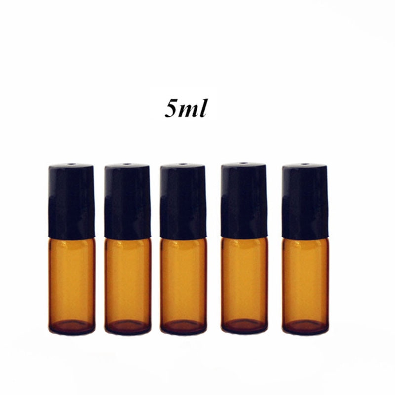 5pcs/Pack 1ml 2ml 3ml 5ml 10ml Clear / Amber  Glass Roll on Bottle with Metal Ball Thin Glass Roller Essential Oil Vials Perfume
