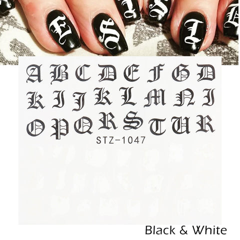 ABC Letter Decals Nail Art Stickers English Old Font Black Number Tattoo Nail Design Water Sliders Manicure Wraps CHSTZ1046-1049