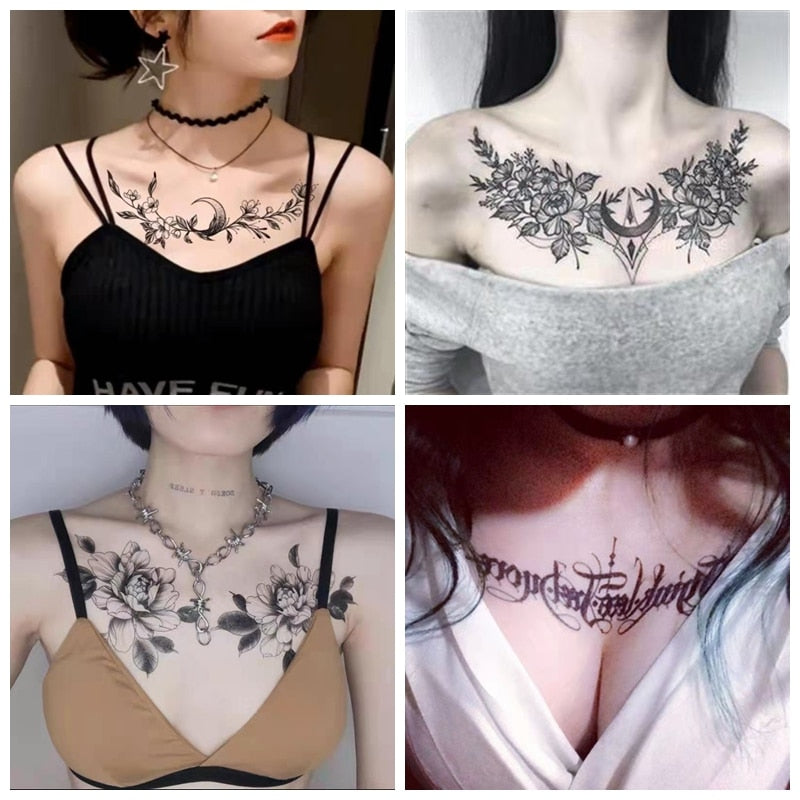 Back to school  Dark Flower Temporary Tattoo Female Waterproof Sexy Gothic Clavicle Water Transfer Art Fake Tattoos Arm Chest Tattoo Stickers