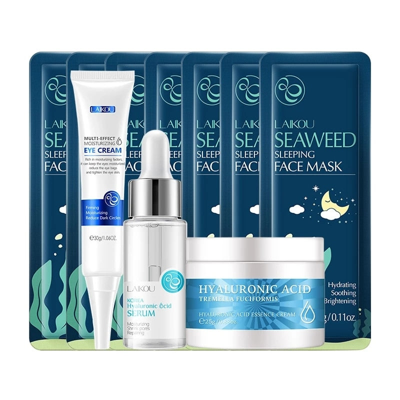 LAIKOU Moisturizing Face Skin Care Set Seaweed Essence Collagen Cream & Serum & Sleeping Mask & Eye Cream Beauty Makeup Suit