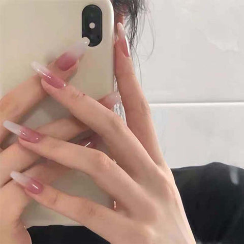 24PCS/box artificial nails with Press glue Milky white pink Gradients long Ballet Nail stick fake nail tips full cover acrylic