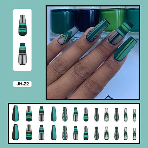 Graduation gifts Forest Green Geometric Simplicity Nail Art Wearable Long Square Ballet False Nail With Glue 24pcs/box With Wearing Tools