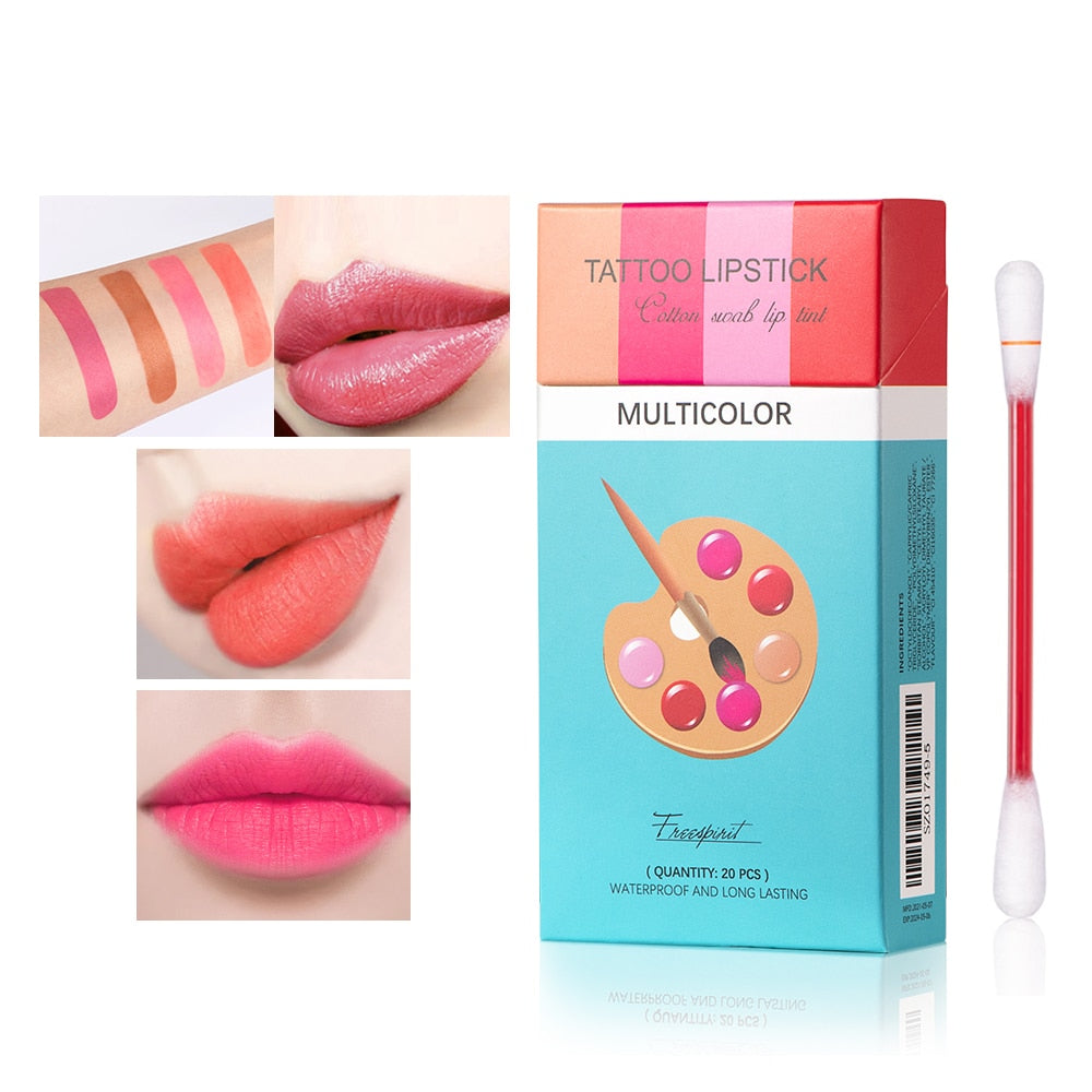 20pcs/set Lipstick Cigarette Case Cotton Swab Lipsticks Long Lasting Waterproof Cosmetics Tattoo Lipstick Lip Tint for Women