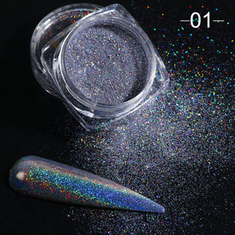 Beyprern 1Box Holographic Powder on Nails Laser Silver Glitter Chrome Nail Powder DIP Shimmer Gel Polish Flakes for Manicure Pigment