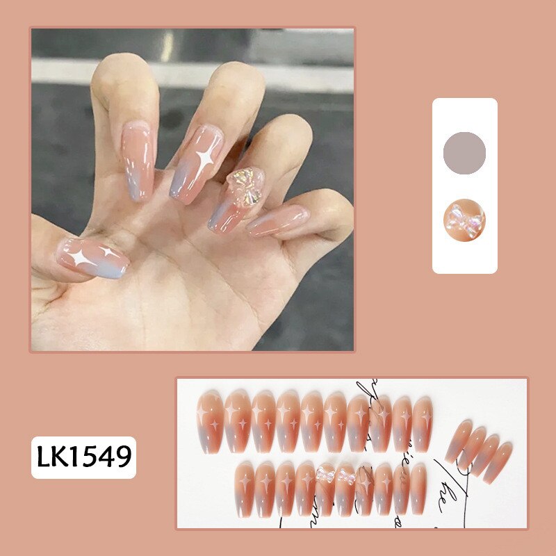 Easter  24pcs/Box Detachable Butterfly Rhinestone Milk Pattern False Nails Wearable Long Fake Nails Full Cover Nail Tips with Glue