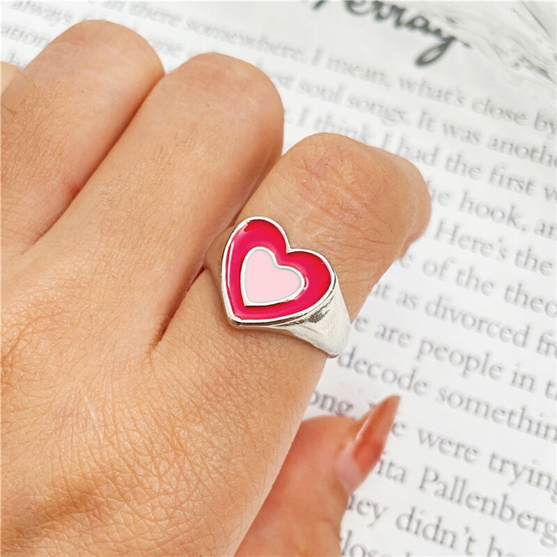 Beyprern 17KM Bohemian Heart Chain Rings Set For Women Fashion Pink Green Love Heart Ring  Jewelry Party
