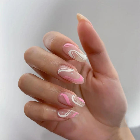 24Pcs Middle Length Ballerina Nude Pink Color False Nails Design With Heart Pattern DIY Artificial Fake Nails With Press Glue
