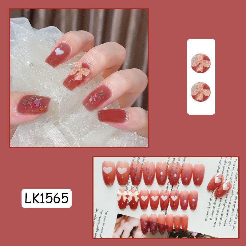 Easter  24pcs/Box Detachable Butterfly Rhinestone Milk Pattern False Nails Wearable Long Fake Nails Full Cover Nail Tips with Glue