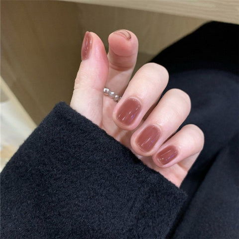 short false nails New Korean Jelly fake nails with glue Ins Elegent Pure Color Manicure Decorations Short Round False Nail Tips
