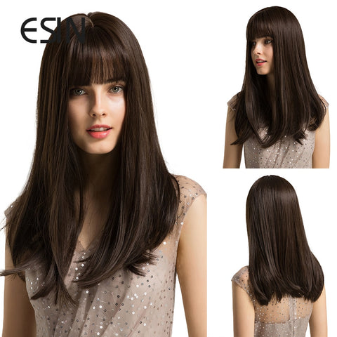 Thanksgiving Day Gifts Synthetic Wig Dark Roots Ombre Brown Long Straight Hair Wigs With Bangs Realistic Simulation Scalp Side Part