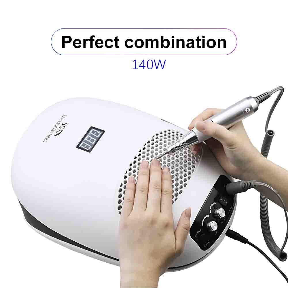 Beyprern 140W 3-IN-1 Nail Drill Manicure Machine & Nail Dust Vacuum Cleaner & UV Lamp Extractor Fan For Manicure Nail Tool Dust Collector