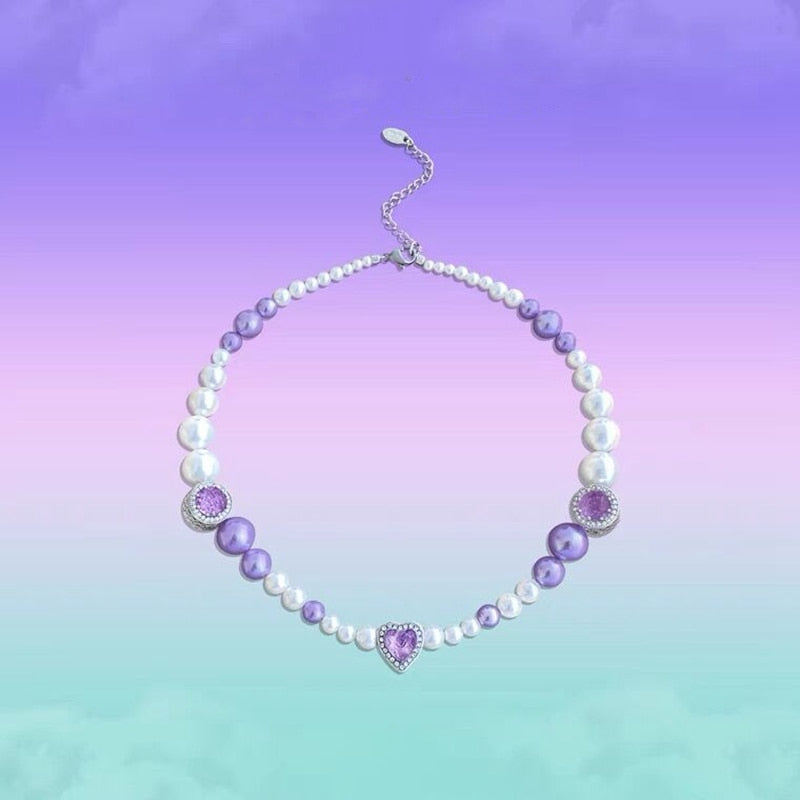 Fashion Elegant Purple Pearl Heart Choker For Women Ladies Fashion Rhinestone Necklace Party Jewelry Gifts