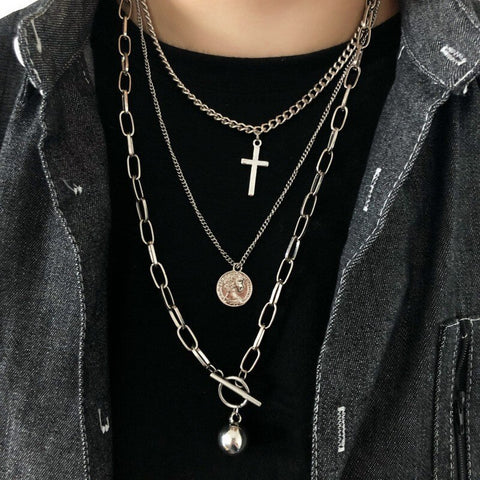 DIEZI Multilayer Hip Hop Vintage Silver Color Chain Coin Cross Pendant Necklace Punk Geometric Choker Necklaces for Women Men