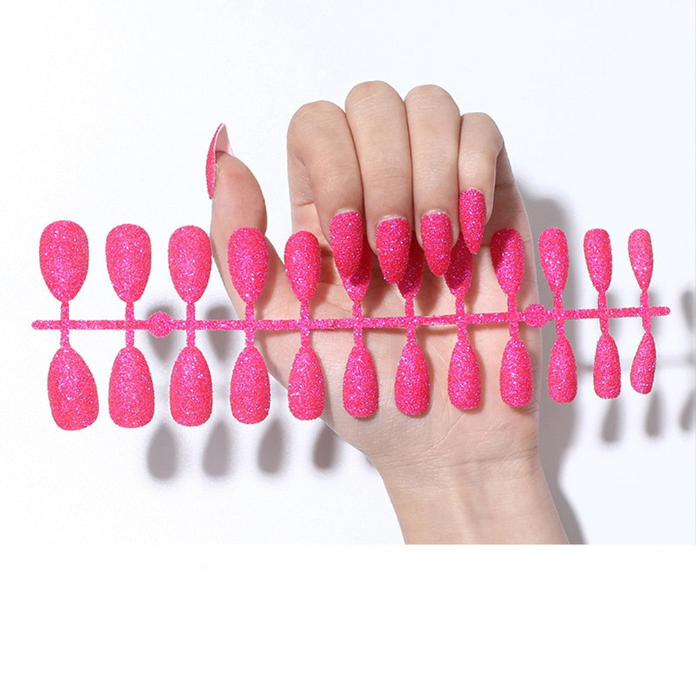 Beyprern 24pcs Glitter Detachable False Nails Ballerina Pink Wearable Fake Nails Full Cover Nail Tips fake nail with design Manicure Tool