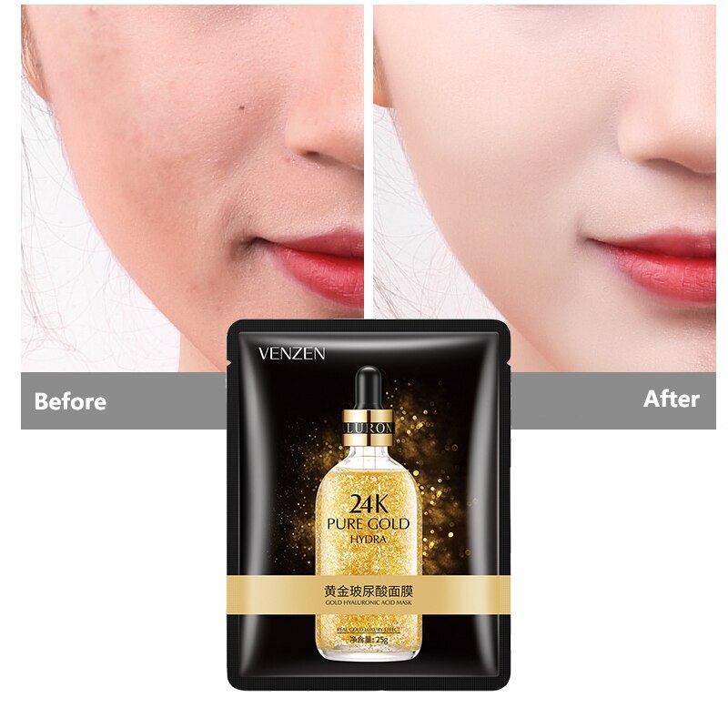 5pcs/lot 24K Pure Gold Hyaluronic Acid Face Masks Moisturizing Whitening Anti Aging Wrinkle Shrink Skin Care Wrapped Facial Mask