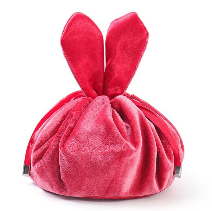 Cosmetic Bag Round Velvet Soft Makeup Bag Drawstring Rabbit Ear Travel Make Up Organizer Female Storage Toiletry Beauty Kit Case