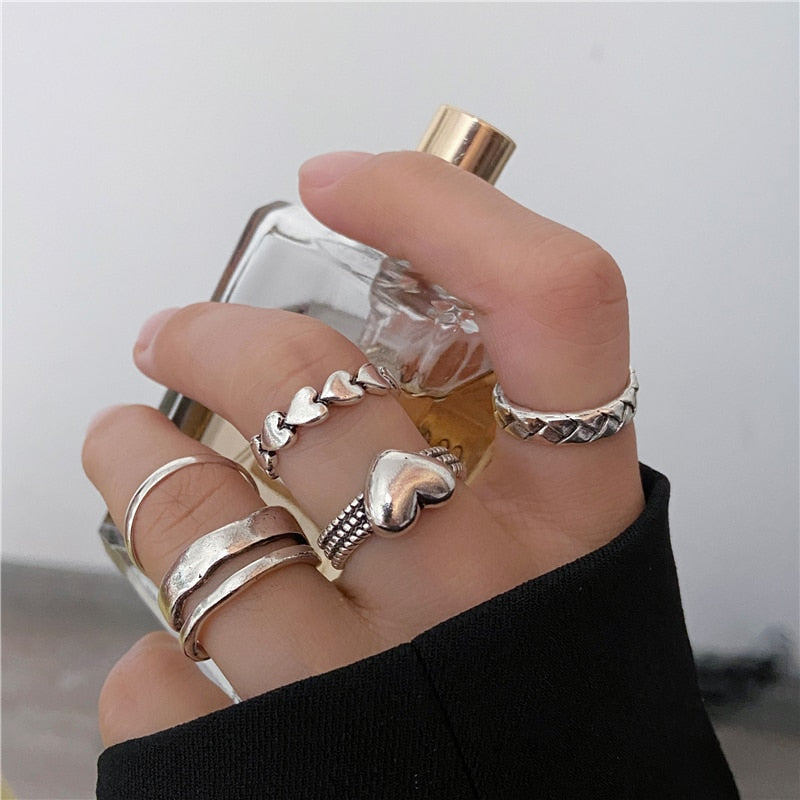 17KM Fashion Silver Color Metal Alloy Rings Set Women Hollow Round Opening Finger Ring For Girl Lady Party Wedding Jewelry Gifts
