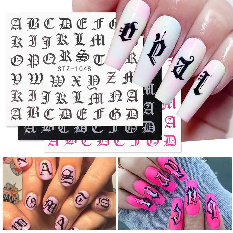 ABC Letter Decals Nail Art Stickers English Old Font Black Number Tattoo Nail Design Water Sliders Manicure Wraps CHSTZ1046-1049