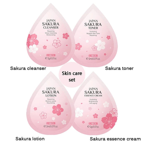 LAIKOU 4Pcs Skincare Set Sakura Cleanser Toner Lotion Cream Deep Cleansing Moisturizing Oil Control Portable Kit Travel Outfit