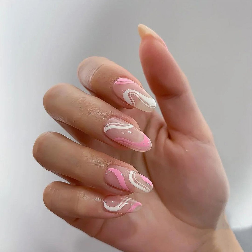 Detachable Almond Pink And White False Nails Wavy Style Stiletto Fake Nails Ballerina Coffin Full Cover Manicure Tool 24Pcs/Box