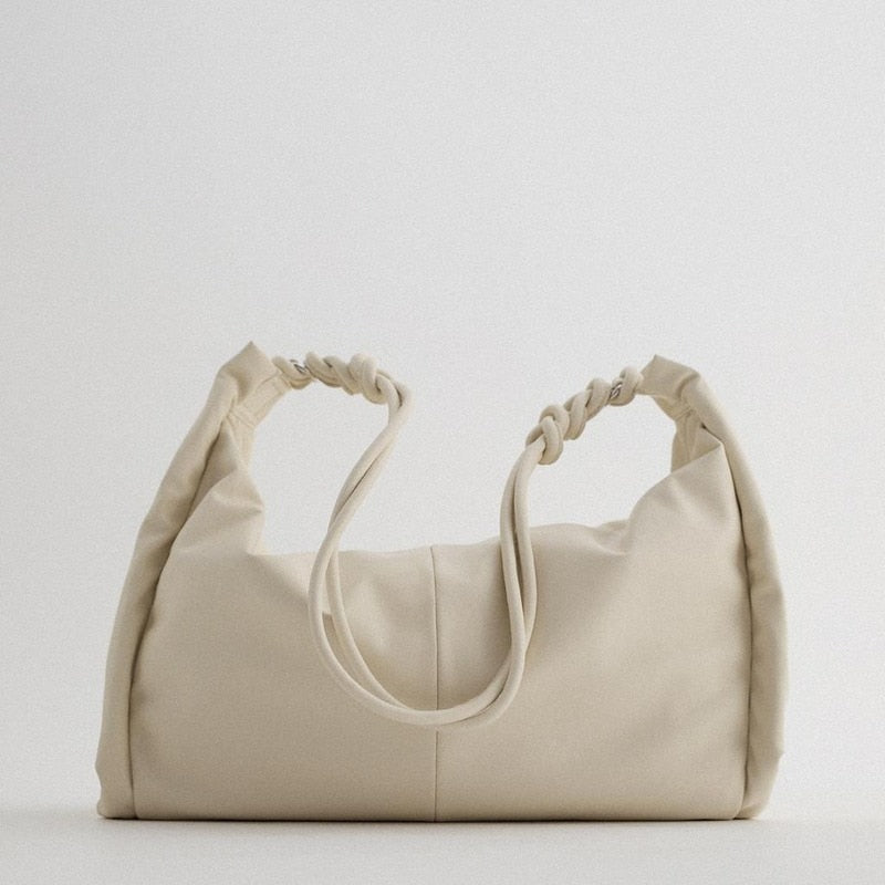 New Women's Simple and Versatile Light Beige Side Pleated Decorative Shoulder Shopping Bag Tote Bag
