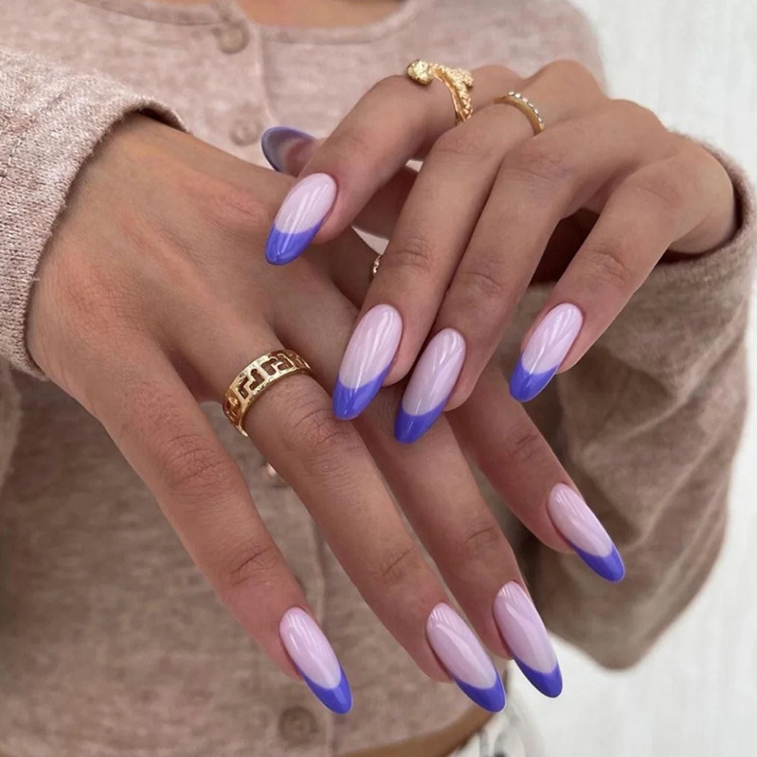 24pcs/Box Detachable French Light Purple Alomond False Nails Wearable press on nails fake nail with design Full Cover Nail Tips