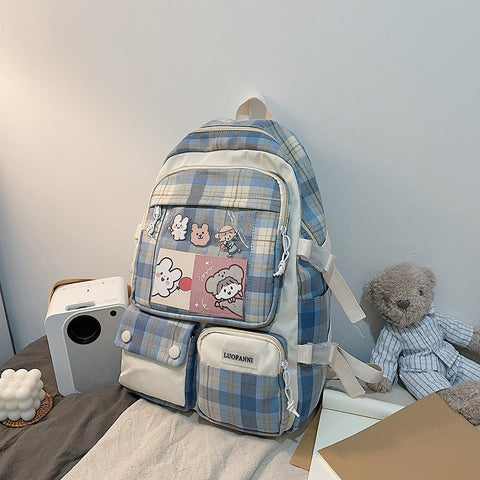 Korean Japanese Large Capacity Canvas Backpack Fashionable Schoolgirl Campus Plaid Style Schoolbag Lovely Hand Travel Bag Cool