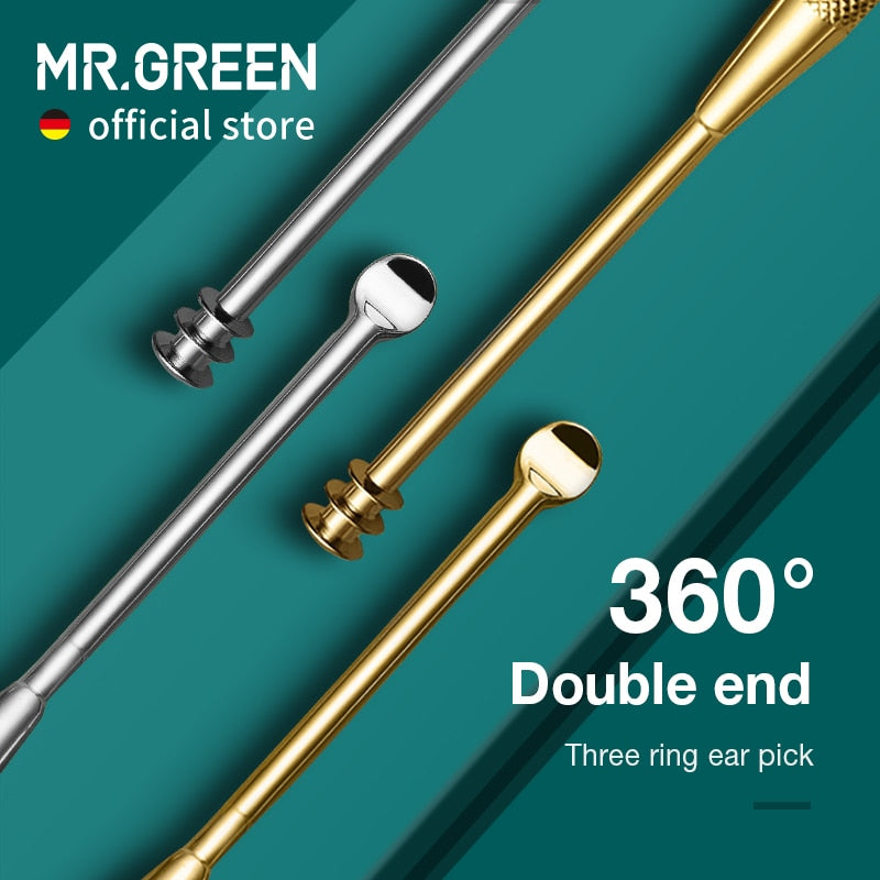 MR.GREEN Double End Ear Pick 360° Cleaning Three Ring Ear Wax Removal Ear Remover Cleaner Stainless Steel Spoon Ear Care Tools