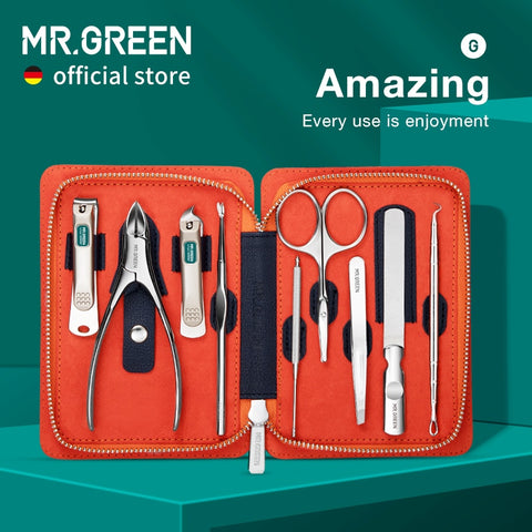 MR.GREEN Manicure Set 9 in 1 Professional Practical Kit With leather case Stainless Steel Nail Clippers Personal Care Tool