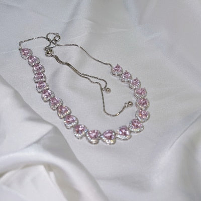 Beyprern Korean Trendy Sweet Pink Crystal Heart Necklace For Women Girls Elegant Zircon Snake Chain Choker Collares Jewelry