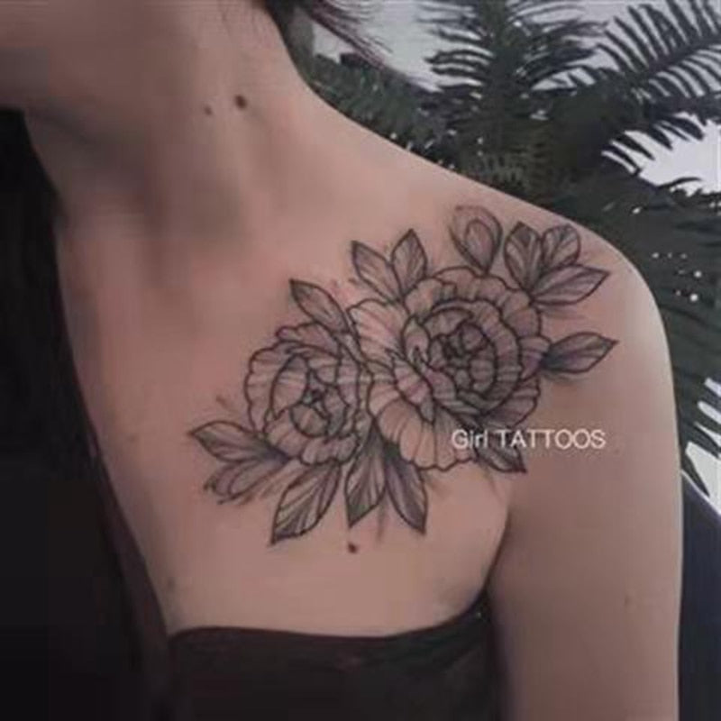 Back to school  Dark Flower Temporary Tattoo Female Waterproof Sexy Gothic Clavicle Water Transfer Art Fake Tattoos Arm Chest Tattoo Stickers