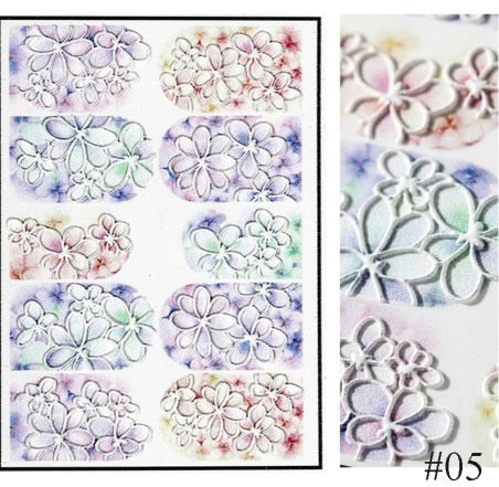 1pc 3D Acrylic Engraved  Nail Sticker Embossed White&Pink Color Flower Water Decals Empaistic Nail Water Slide Decals