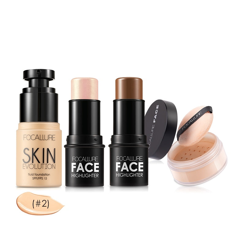 FOCALLURE 4 PCS Makeup Sets Foundation Cream Highlighters Bronzers Face Powder Waterproof Professional Kit Cosmetics For Women
