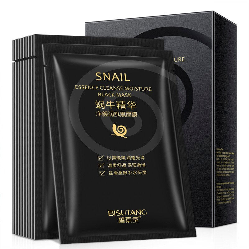 Beyprern 10 Pieces Snail Essence Cleansing Smooth Black Facial Mask Moisturizing Exfoliating Collagen Anti-Aging Oil-Control Freckle Mask