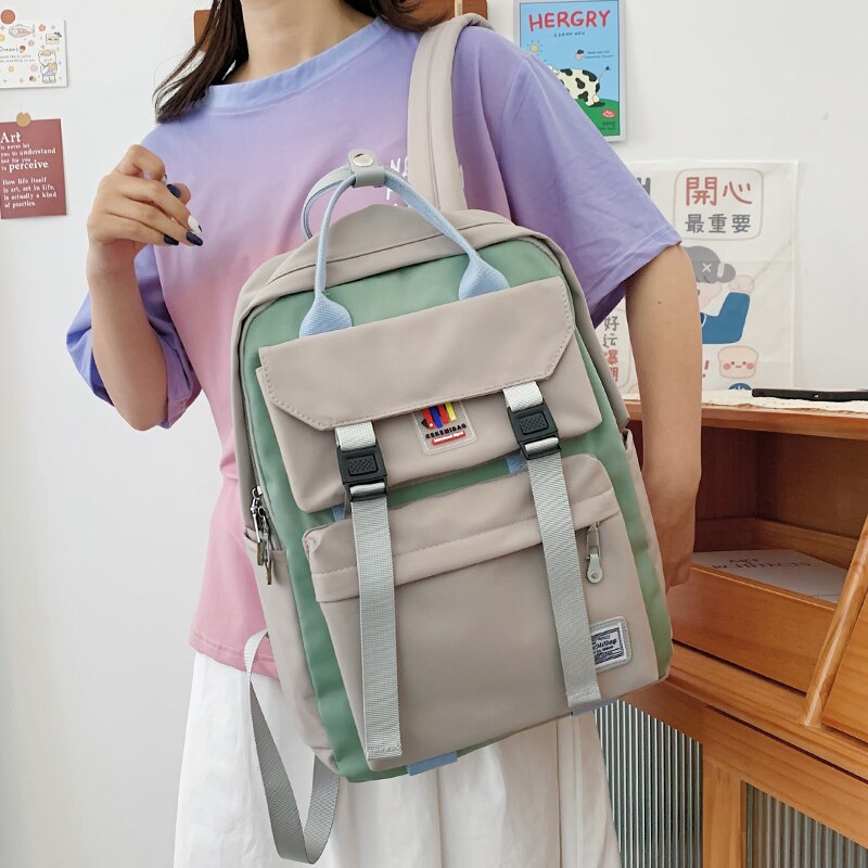 Large Capacity Fashionable Girl Panelled Backpack 2021 New Nylon Waterproof Cute Schoolgirl Schoolbag Campus Style Travel Bag