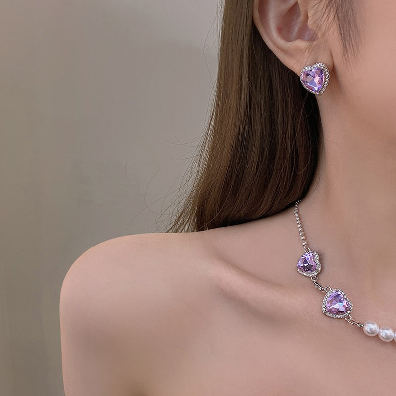 Korean Sweet Purple Heart Earrings For Women Elegant Pearl Necklace Fashion Rhinestone Chain Choker Jewelry Sets