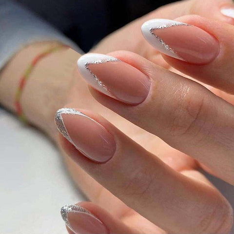 24pcs/box fake nails french manicure oval head white and silver rim design artificial nails with press glue for girls