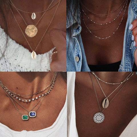 DIEZI Bohemian Multilayer Shell Necklaces For Women Gold Silver Color Geometric Clavicle Chains Necklace Jewelry Wholesale