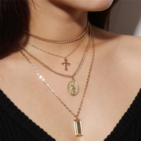 DIEZI Bohemia Gold Silver Color Cross Layered Necklace Jesus Virgin Mary Chain Pendant Necklace For Women Gift Jewelry