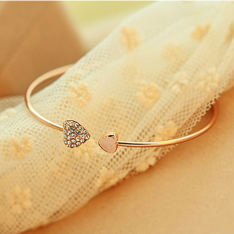 Beyprern  New Arrival 2022 Fashion Adjustable Crystal Double Heart Bow Bilezik Cuff Opening Bracelet For Women Jewelry Gifts
