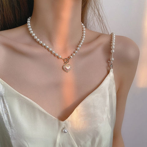 Korean Elegant Pearl Beads Necklace For Women Ladies Fashion Rhinestone Shell Heart Pendent Necklace Choker Jewelry