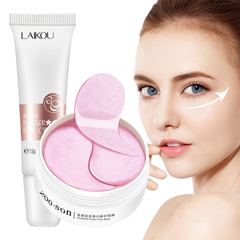 Face Skin Care Set Cherry Blossom Essence Moisturizing Collagen Eye Patches & whitening Face Serum & Anti-aging Sleep Mask Cream