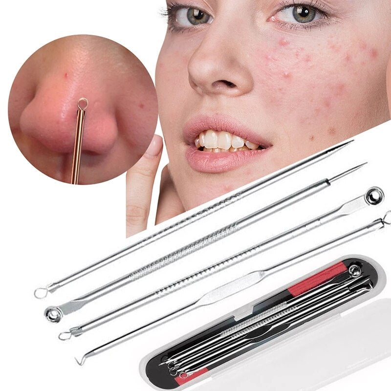 4pcs set Stainless Steel Acne Removal Needle Pimple Blackhead Remover Tools Spoon Face Skin Care Tools Needles Facial Pore Clean