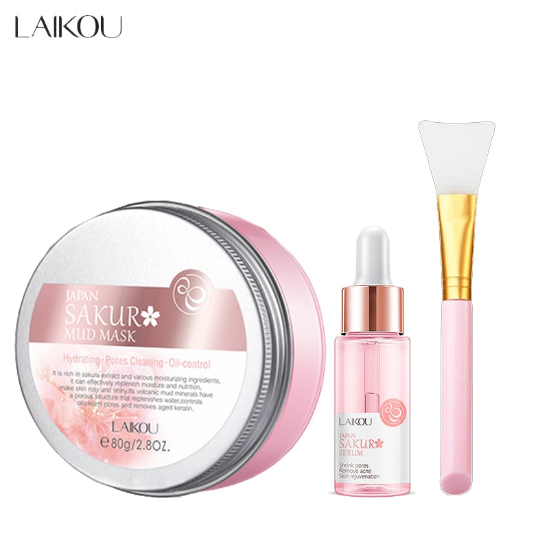 Sakura Face Care Set Sakura Mud Mask + Serum Essence For Face and Body Purifying Face Mask For Acne Blackheads And Oily Skin