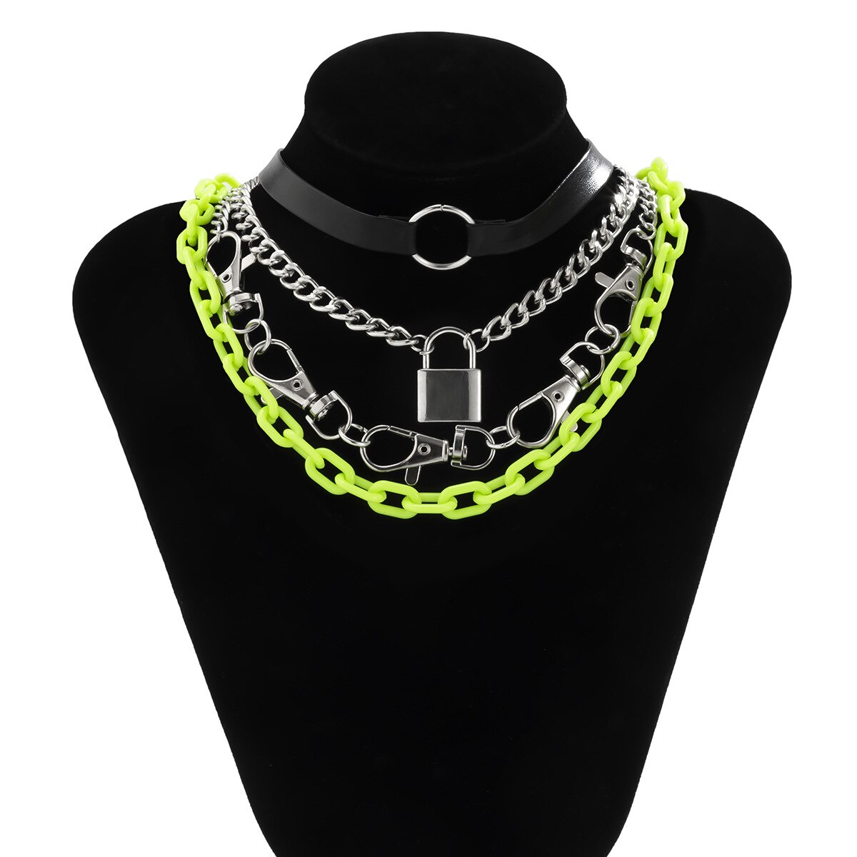 DIEZI Hip Hop Fluorescent Color Chain Necklace For Women Girls Multilayer Punk Lock Pendant Chokers Statement Necklace Jewelry