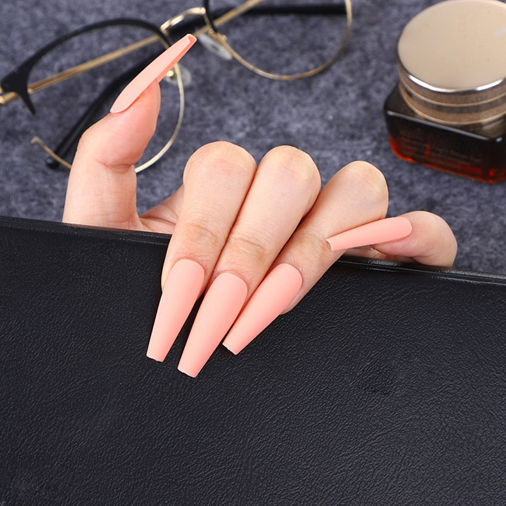 24pcs Professional Fake Nails Long Ballerina Half French Acrylic Nail Tips Press On Nails Full Cover Manicure Beauty Tools