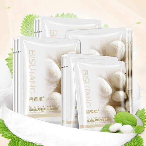 Beyprern 10 Pieces Genuine Silk Extraction Moisturizing Mask Smooth Skin Care Elastic Moist Tender Plump Silky Smooth Face Leather Sheets