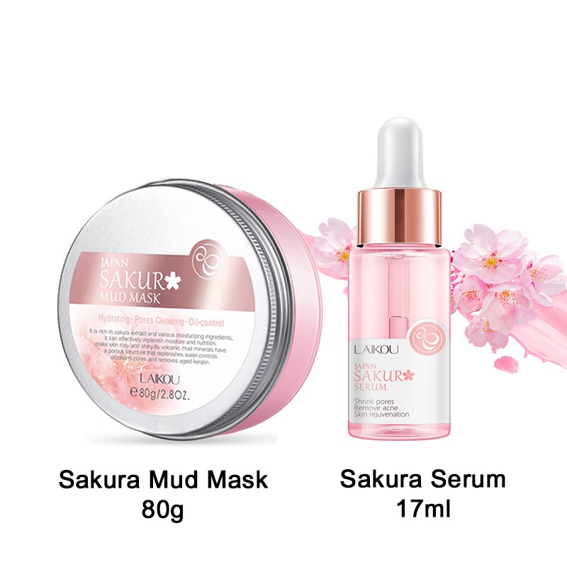 Sakura Mud Mask 80g Skin Care Set Sakura Essence 17 ml Deep Moisturizing Purifying Acne Blackheads and Oily Skin Cosmetic Kit