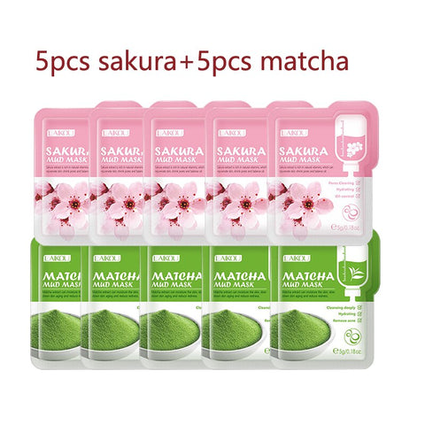 Beyprern 10PCS Facial Pack Cherry Matcha Mung Bean Mud Mask Increases Elasticity Oil Control Prevents Aging Deeply Cleaning Wrapped Mask